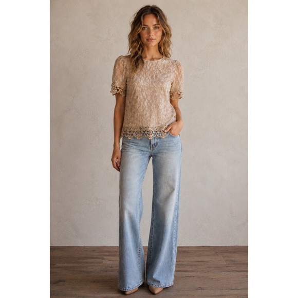 Cache Tops - Vintage‎ Cache Lace Top Womens 10 Beige Y2K Romantic Sheer Party Going Out